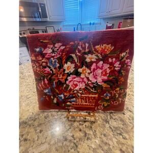 Vintage Completed Cross Stitch Floral Decor Pillow Cover or Frame